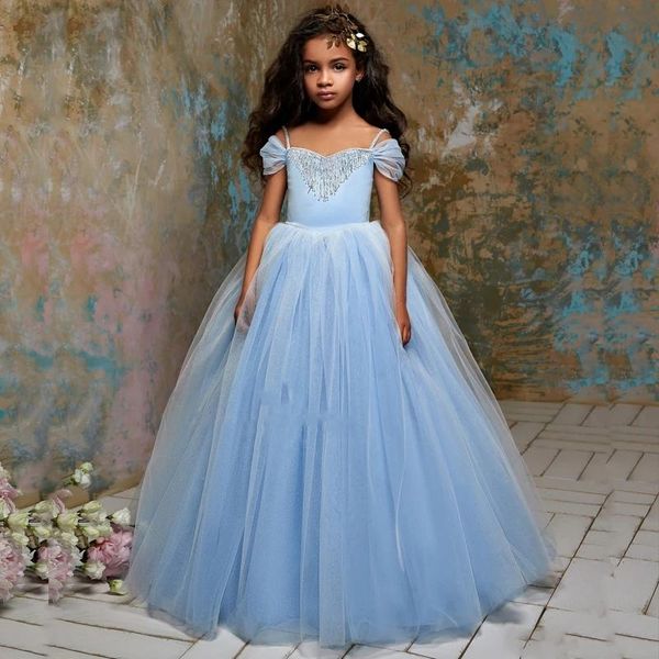

family matching outfits flower girl dresses with bow beaded crystal lace up applique ball gown first communion dress for girls customized ve, Blue