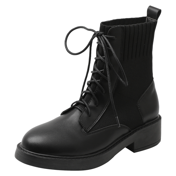 

boots women's chunky booties low block heels shoes lace up elastic casual, Black