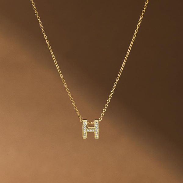 

pendant necklaces letter h necklace light luxury cold wind gold personality niche design sense net red titanium steel clavicle chain girl, Silver