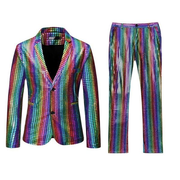 

men's suits & blazers mens stage prom gold silver rainbow plaid sequin jacket pants men dance festival christmas halloween party costum, White;black