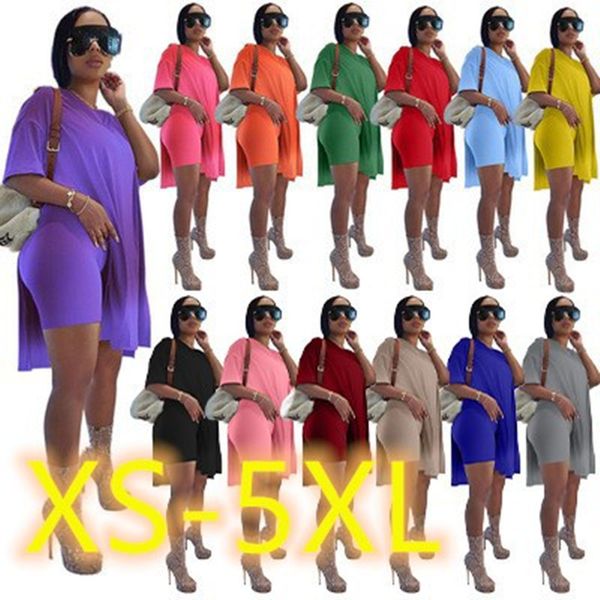 

plus size women tracksuits two piece pants set summer solid medium length split short sleeve shorts suit casual high stretch 2021, White
