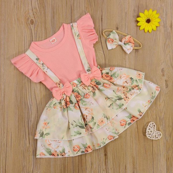 

clothing sets pudcoco 3pcs baby girls clothes summer solid color sleeve round collar romper floral printing suspender skirt bow headwear, White