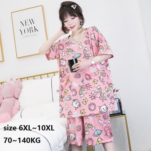

summer pajamas set women sleepwear plus size 8xl 10xl100kg 140kg pyjamas pijama mujer short pants round neck homewear, Black;red