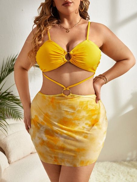 

3pack plus tie dye ring linked bikini swimsuit & beach skirt z0ij#, Black