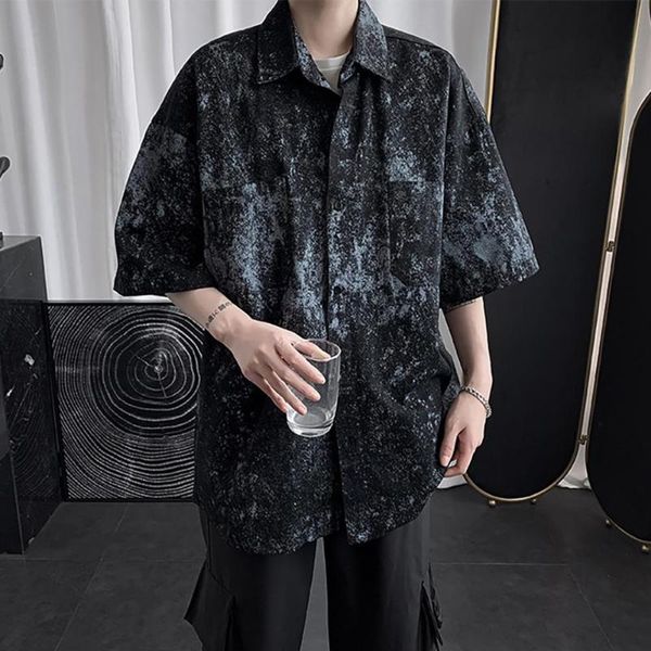 

fashion solid color rendering short sleeve turn-down collar men loose casual shirt men's shirts, White;black