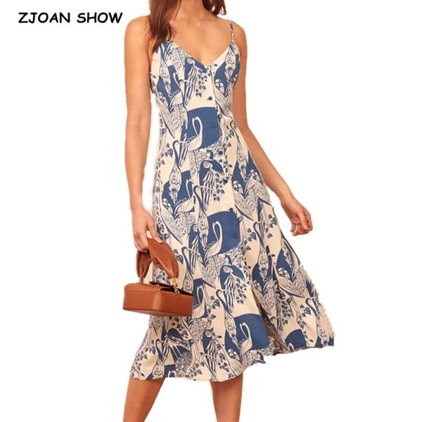 

casual dresses french vintage chiffon animal blue print women dress elegant spaghetti straps retro v neck midi long sling 7xo5, Black;gray