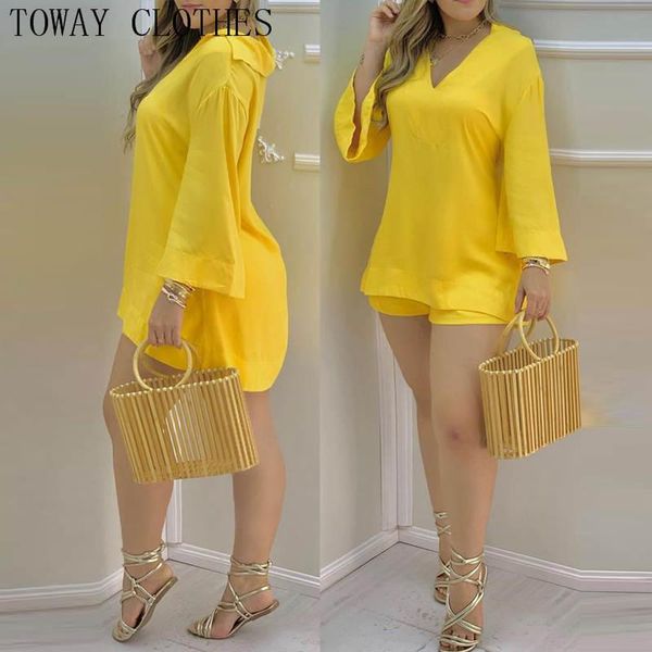 

summer women plain bell sleeve v-neck & shorts set two piece one-piece suits