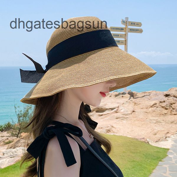 

brand cap and carves straw hat women's seaside vacation fashion foldable sunscreen big eaves summer sunshade beach hat versatile hanban, Blue;gray