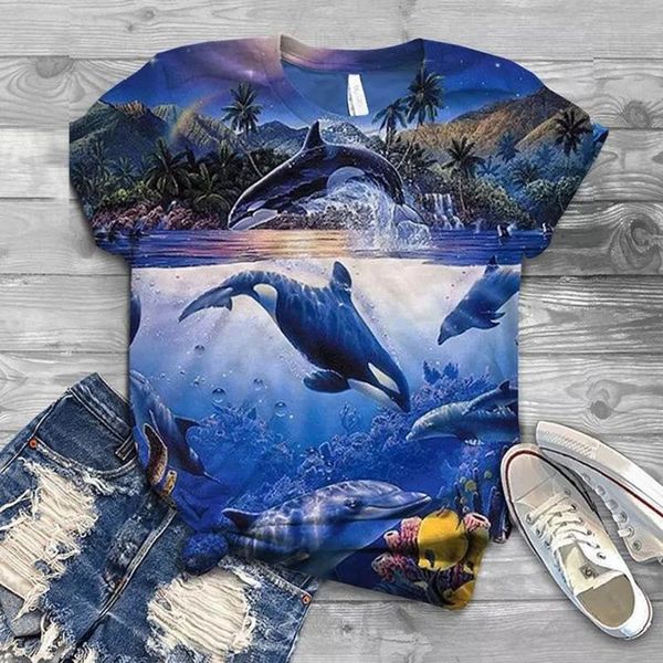 

women's t-shirt funny t shirt women harajuku 2021 summer plus size short sleeve 3d ocean animal printed o-neck, White