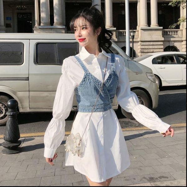 

spring long white two pieces womens shirts set femme sweet denim camis