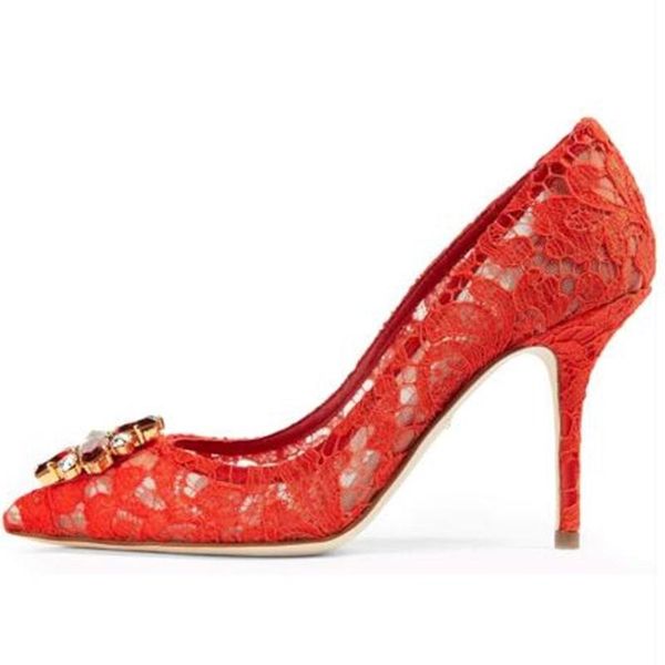 

lace wedding shoes women cut out pointed toe crystal pumps slip on mesh high heels party dress 6.5cm 9cm, Black