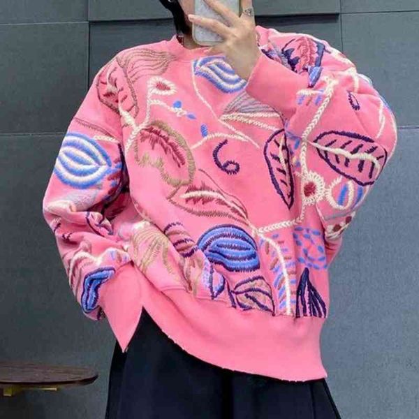 

5406qq spring korean new 21 full body embroidered and printed women's terry round neck pullover casual loose sweater, Black