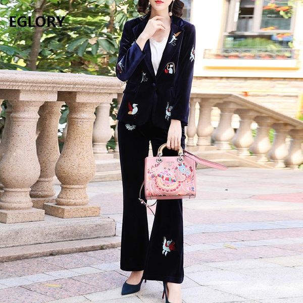 

women's two piece pants set autumn spring fashion work suit & sets woman notched collar cute birds embroidery velvet coat blazer+velour, White