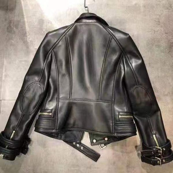 

women's jackets spring genuine female leather jacket 2021 real fashion sheep turn-down collar biker motor with belt, Black;brown