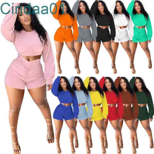 

women tracksuits 2 pieces set casual outfits solid color long sleeve crop pleated shorts jogger suits pullover sportswear 12 colours, Gray