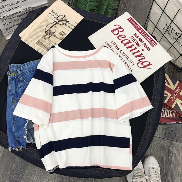 

t-shirts women loose sweet korean style striped trendy leisure all-match womens clothing summer students simple daily o-neck women's t-, White