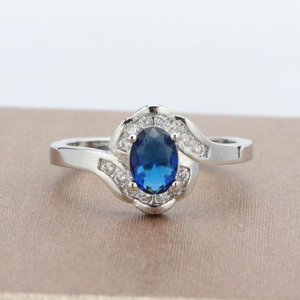 

wedding rings charm blue flower inlay cubic zircon geometry jewelry for women engagement fashion s925 ring anniversary gift, Slivery;golden