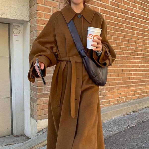 

women's wool & blends [ewq] korean chic autumn winter coat women thick warm lapel pocket lace up waist long brown woolen overcoat 2021, Black