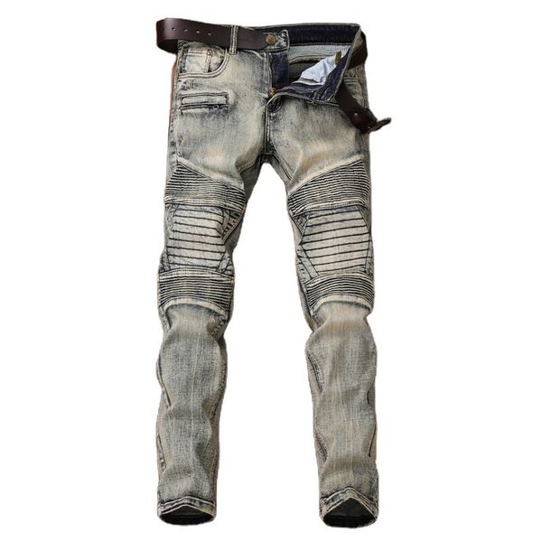 

fashion jeans pleated micro elastic leggings men's trend slim youth nostalgic locomotive, Blue