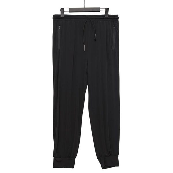 

men's pants male summer high elasticty thin translucent ice silk loose casual exercise soft breathable slacks drawstring jog trousers, Black