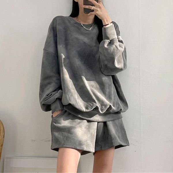 

women's tracksuits 2021 tie-dye casual hoodies two piece suits women loose long sleeve sweatshirts spring autumn thin woman set, Gray
