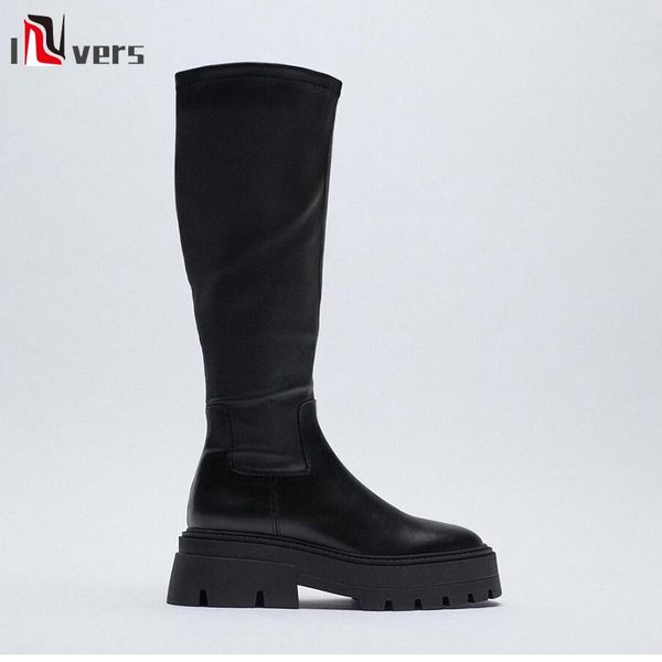 

women's long boots black pu leather grooving sole knee-high fashion round toe slip-on elastic stocking