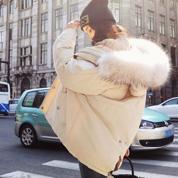 

women's trench coats winter down cotton parkas women thicken warm jacket female big fur collar coat womens hooded cotton-padded, Tan;black