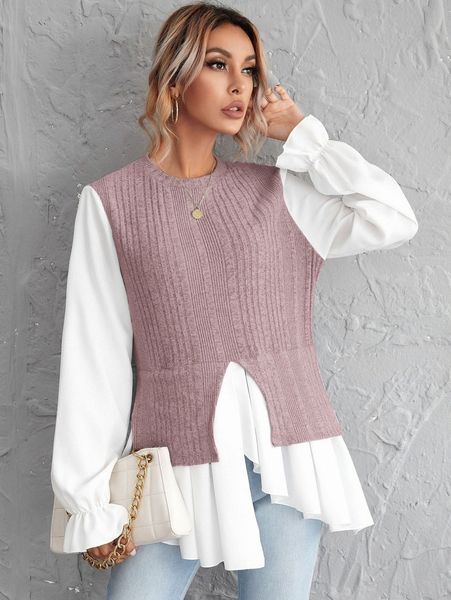 

flounce sleeve colorblock asymmetrical hem 396z#, White