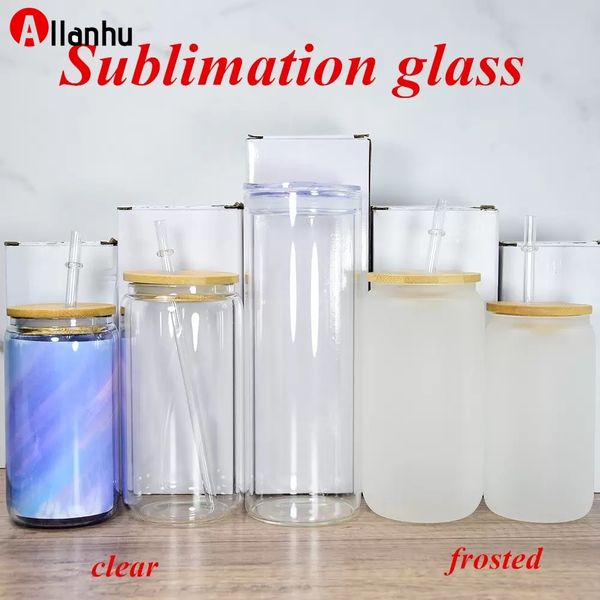 

new 12oz 16oz 25oz sublimation glasses tumbler clear frosted beer glass can cup with bamboo lid reusable plastic straw transparent frosted m