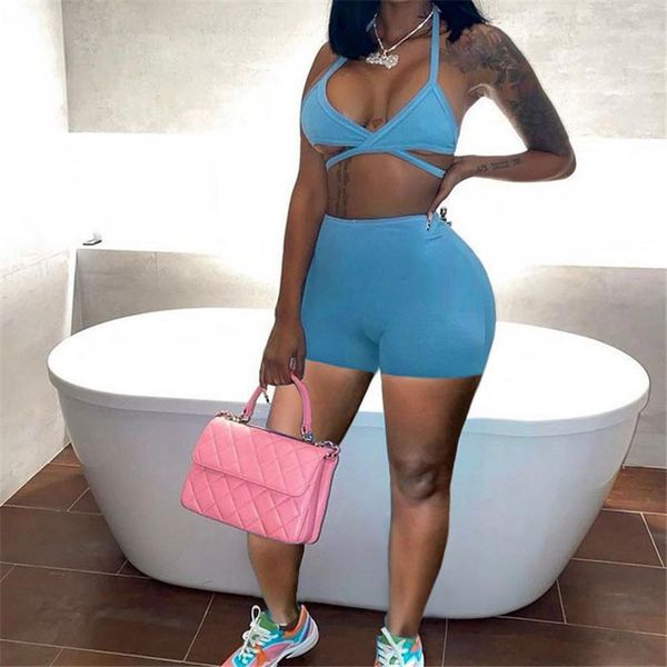 

women's tracksuits low cut cross halter strapless tank women summer 2 piece sets tracksuit 2021 biker shorts streetwear solid outfi, Gray