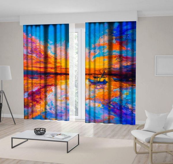 

curtain & drapes boat colorful sky sunset reflection on sea seascape oil painting canvas art printed blue orange purple