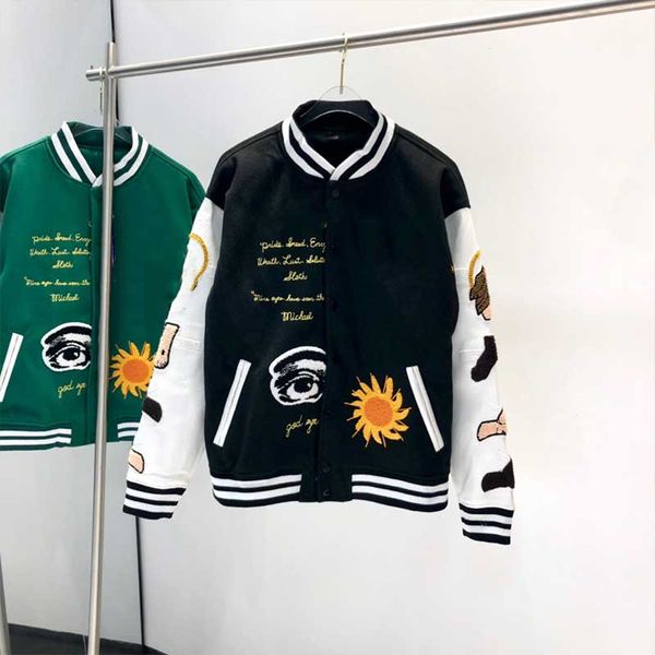 

varsity wool oversized v-neck men baseball uniform jacket coats streetwear hip hop letter daisy flowers patch leather mens outwear leather, Black;brown