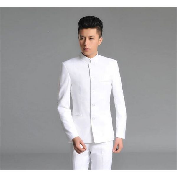 

men's suits & blazers wholesale-stand collar chinese tunic suit men set latest coat pant designs dress s for wedding groom s s with pan, White;black