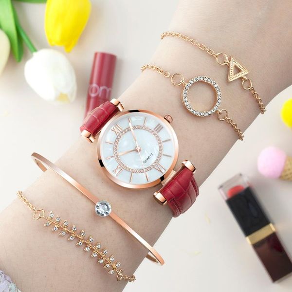 

wristwatches gift for girlfriend watch set women 5pcs woman quartz wristwatch leather ladies bracelet luxury casual relogio femenino, Slivery;brown