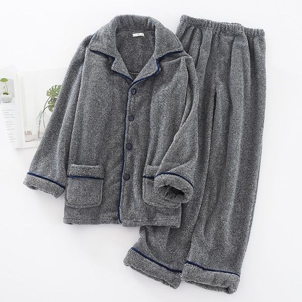 

men's sleepwear thickened flannel long-sleeved trousers solid pajamas suit large size loose cardigan home service, Black;brown