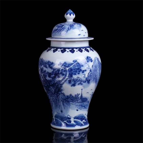 

chinese style antique imposing ceramic ginger jar with landscape patterns home office decor blue and white porcelain vase vases