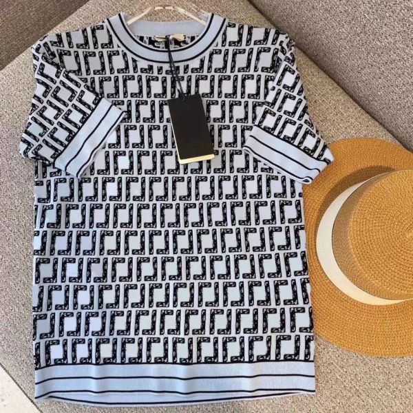 

new high-quality tees temperament all-match round neck t-shirt ice silk small shirt was thin jacquard knitted tees women double f, White