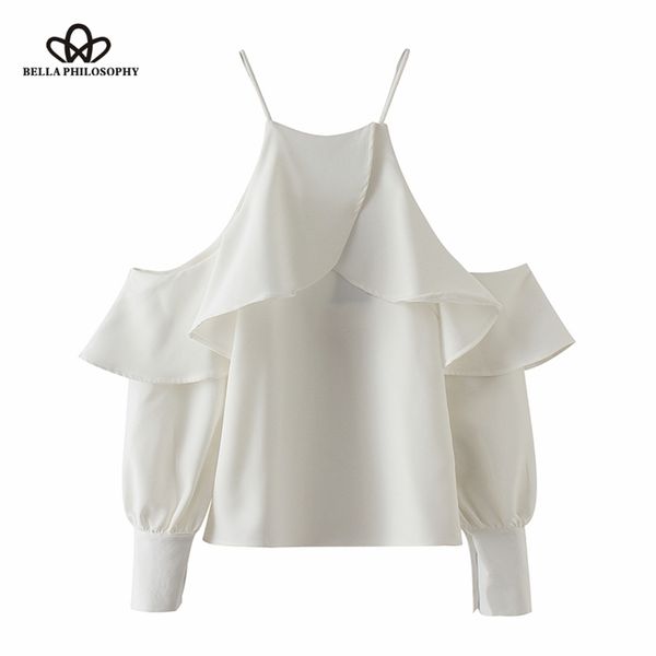 

spring summer ruffle blouse shirt halter neck cami cold off shoulder women chiffon blusas 210519, White