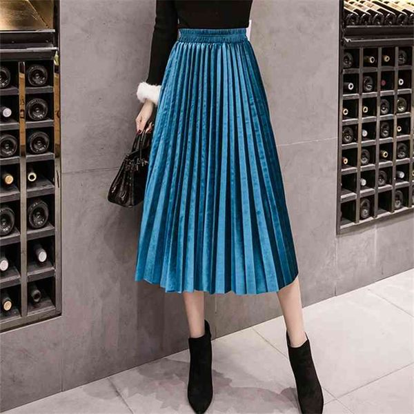 

autumn winter velvet skirt high waisted skinny large swing long pleated skirts metallic plus size 3xl midi saia 210412, Black