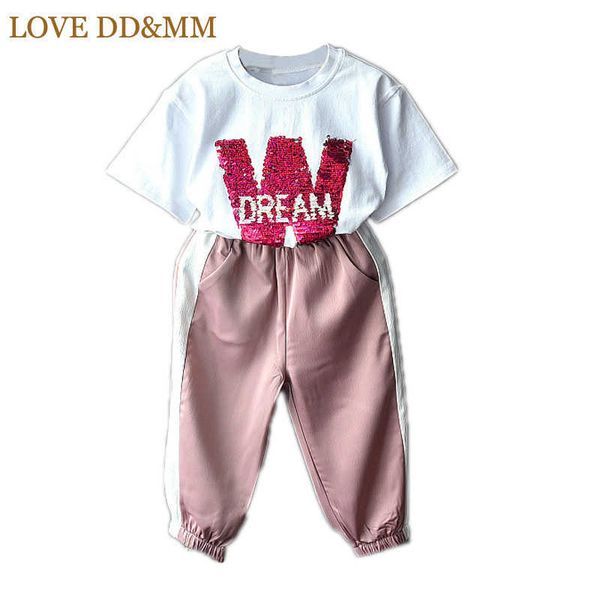 

love dd&mm girls sets summer children's wear girls sequin letter t-shirt + soft warm color matching pants suit 210715, White