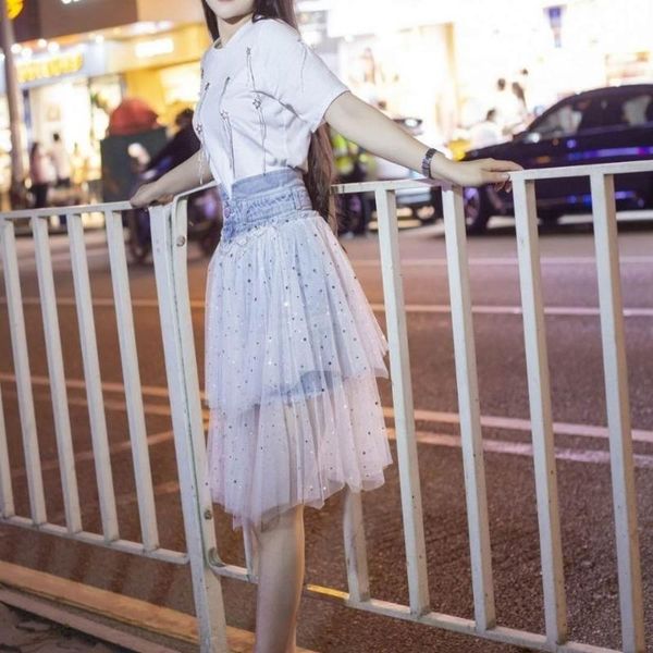 

summer heavy industry small fresh high waist denim mesh stitching irregular shiny skirt female skirts, Black