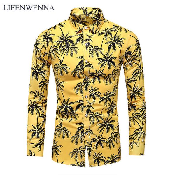

lifenwenna autumn men's shirt fashion coconut tree print long sleeve shirts men casual business office floral shirts male -7xl 210528, White;black