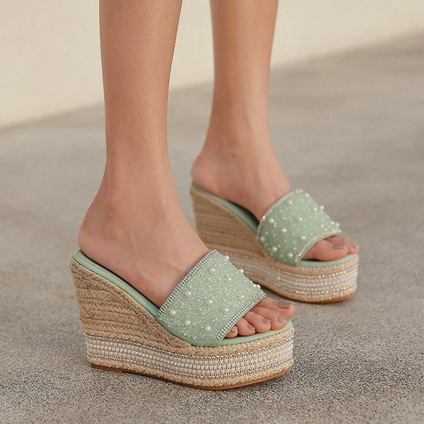 

sandals rhinestone wedges heel women slippers open toe size 34-40, Black