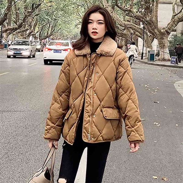 

women winter coat long sleeve furry collar short warm jacket casaco rhombus pattern padding cotton parka 210519, Black