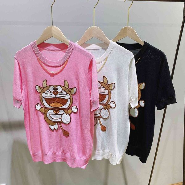 

dingdang cow short sleeve pink black white embroidery chain pattern hemp ice silk knitting spring and summer new round neck