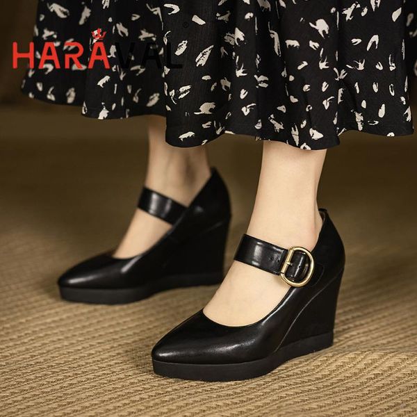 

dress shoes haraval women pumps elegant mary janes wedges office lady & career summer black buckle strap pointed toe b325