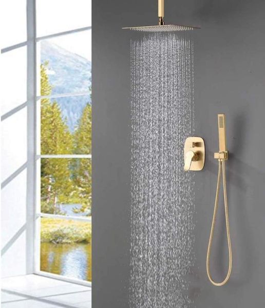 

bathroom brass 10 inch ceiling wall mount rainfall shower system mixer set (ceiling mount, brushed gold) sets