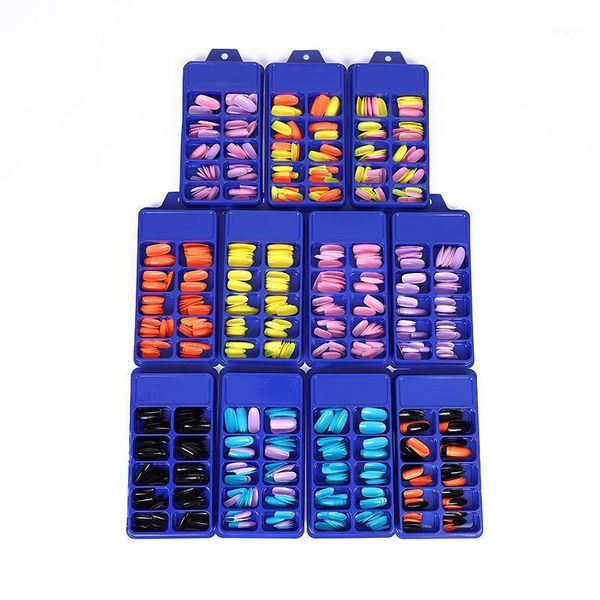 

100pcs/box oval false nails tips women wearable press on solid color yellow full cover fake with glue1, Red;gold
