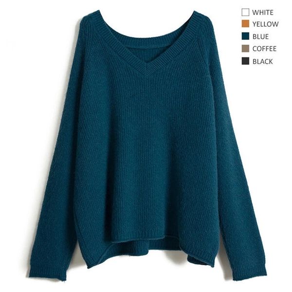

winter women solid soft warm sweater lady v-neck long sleeve korean style knitted pullover female loose jumper 210519, White;black