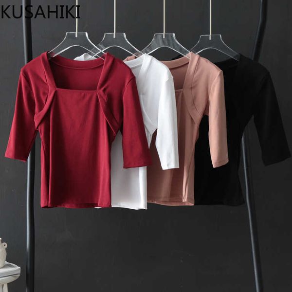 

kusahiki square collar short sleeve graphic tees women korean solid slim t shirt spring summer blusas mujer de moda 6f260 210602, White